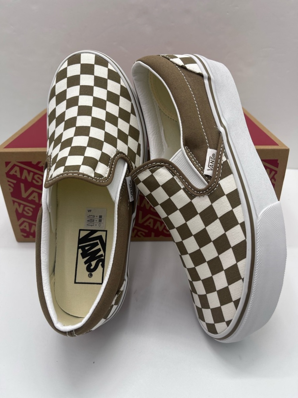 Vans Slip-On Platform Sneakers Checkerboard Sepia Brown VN00018E0E0 New - Picture 12 of 16